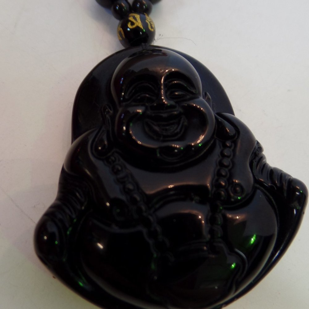 SJ Pearl Black Obsidian Buddha Pendant Necklace Powerful Crystal for Protection